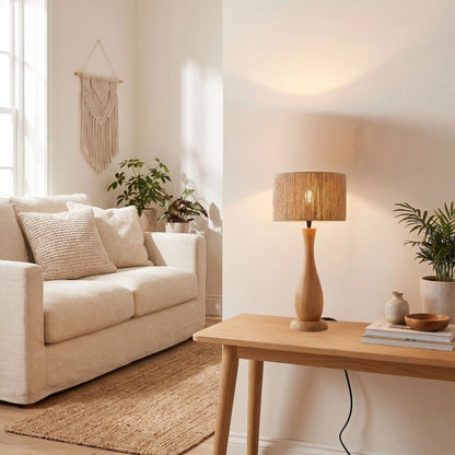 lampe a poser salon console sejour scandinave bois massif et chanvre