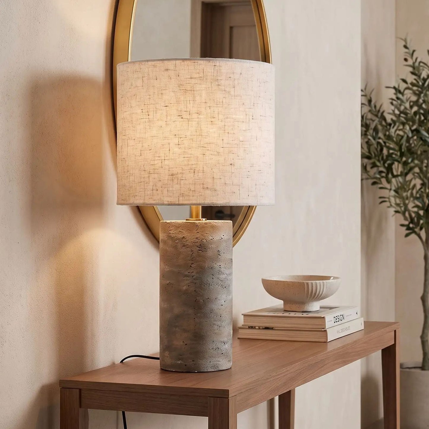 lampe à poser salon console vu rapproche roche de travertin naturelle