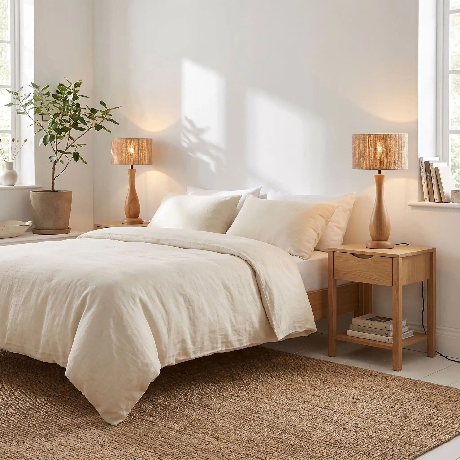 lampe à poser salon duo de lampe scandinave bois massif et chanvre