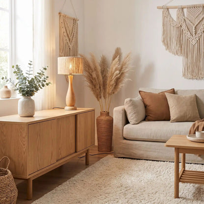lampe à poser salon scandinave bois massif et chanvre