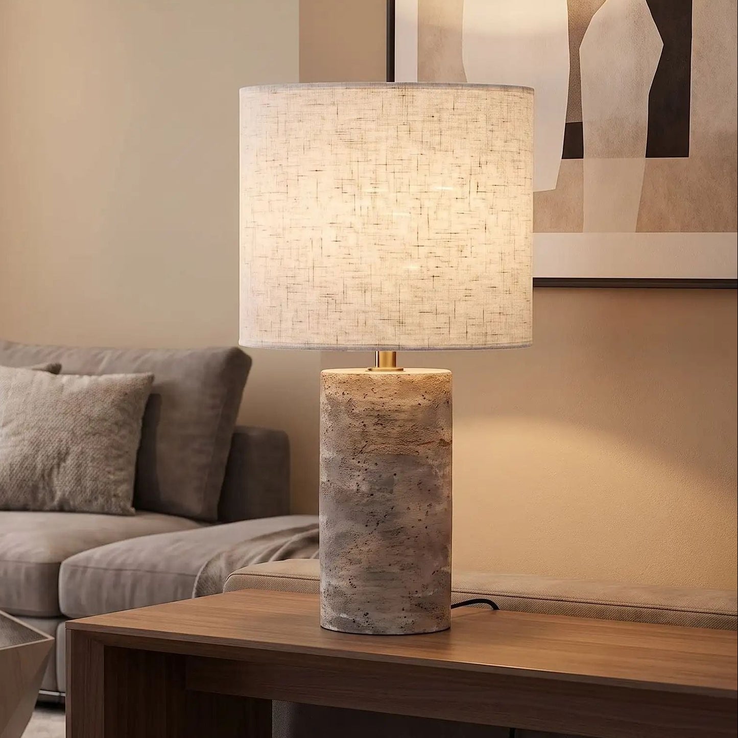 lampe à poser salon sejour vu rapproche roche de travertin naturelle
