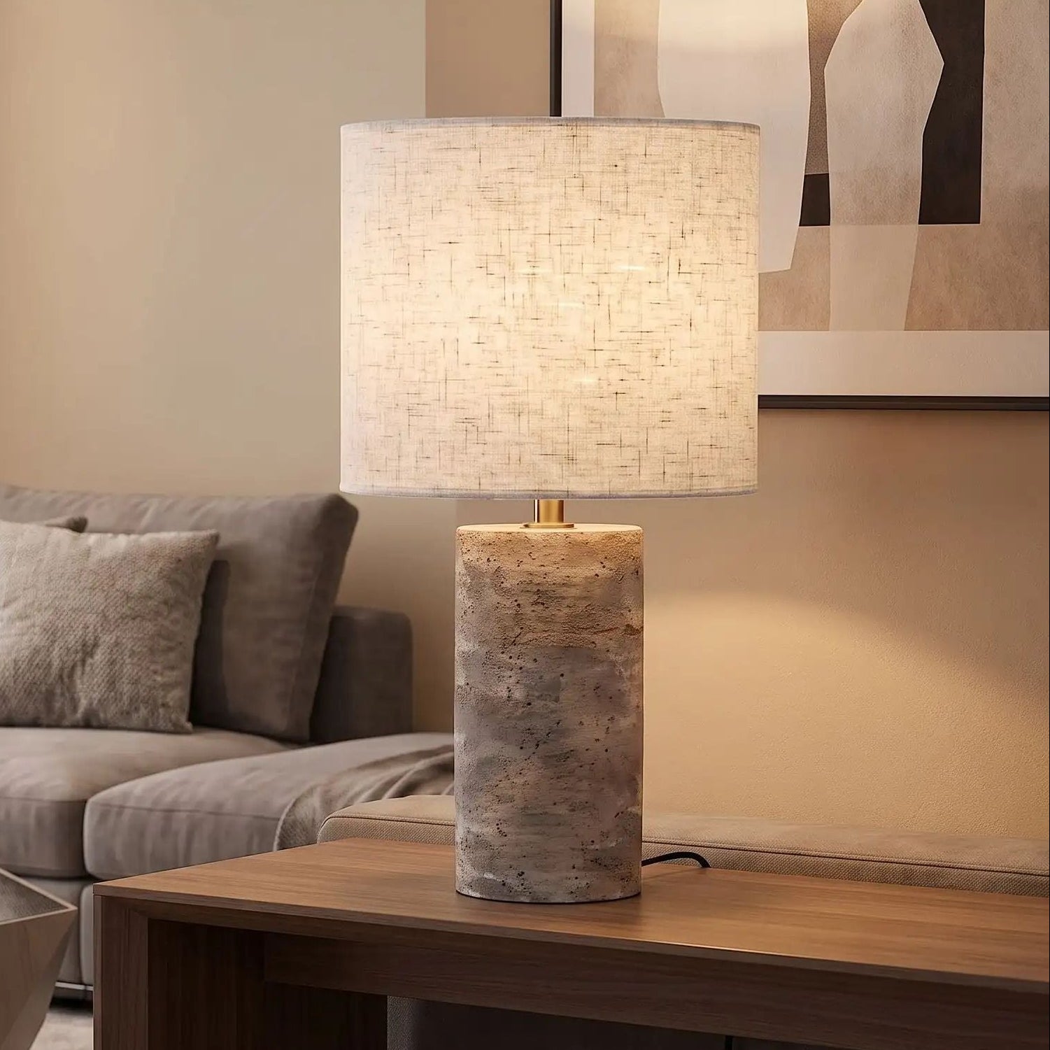 lampe à poser salon sejour vu rapproche roche de travertin naturelle