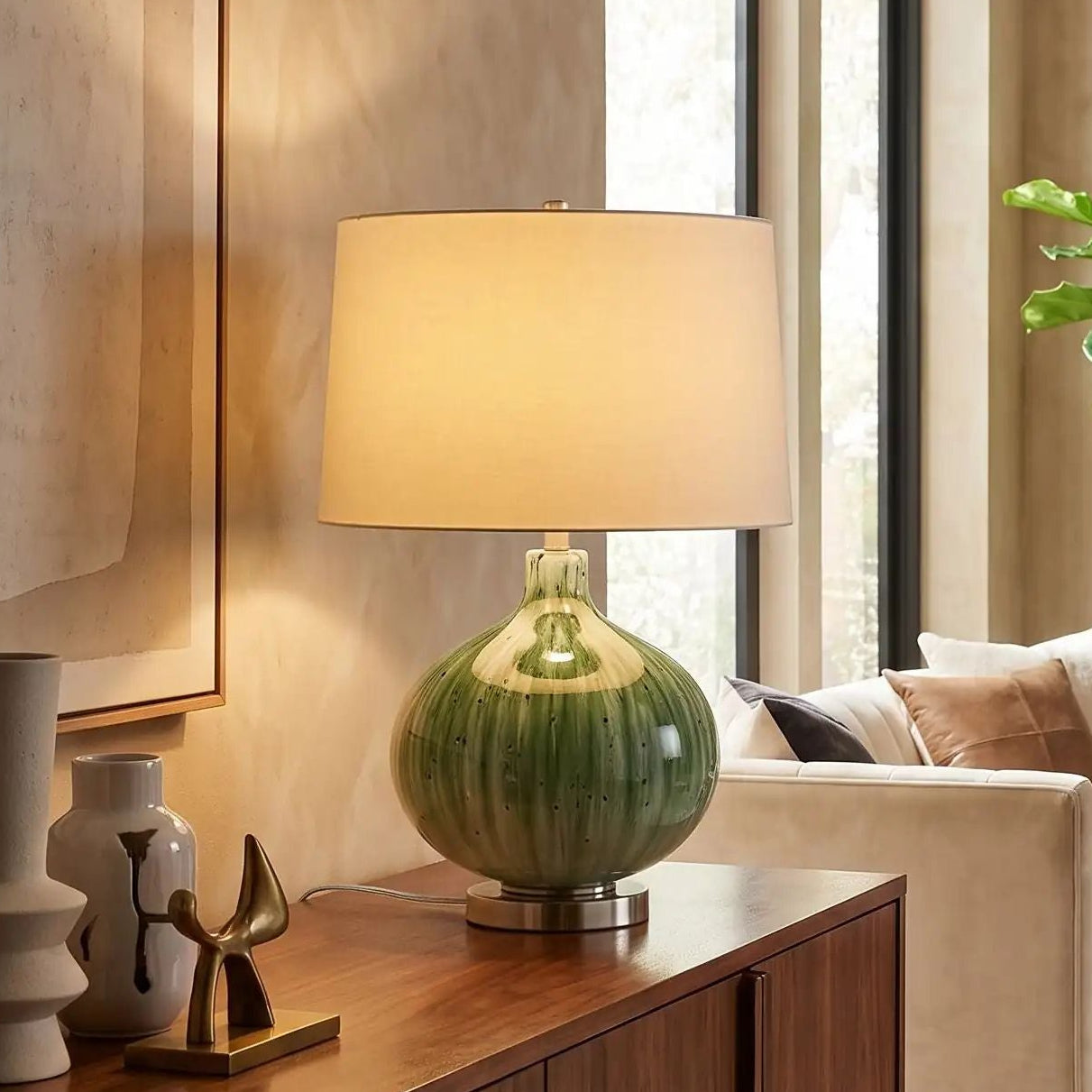 lampe à poser salon sur console vu rapproche pumpkin green lava