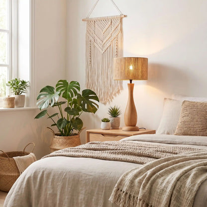 lampe à poser salon sur table chevet scandinave bois massif et chanvre