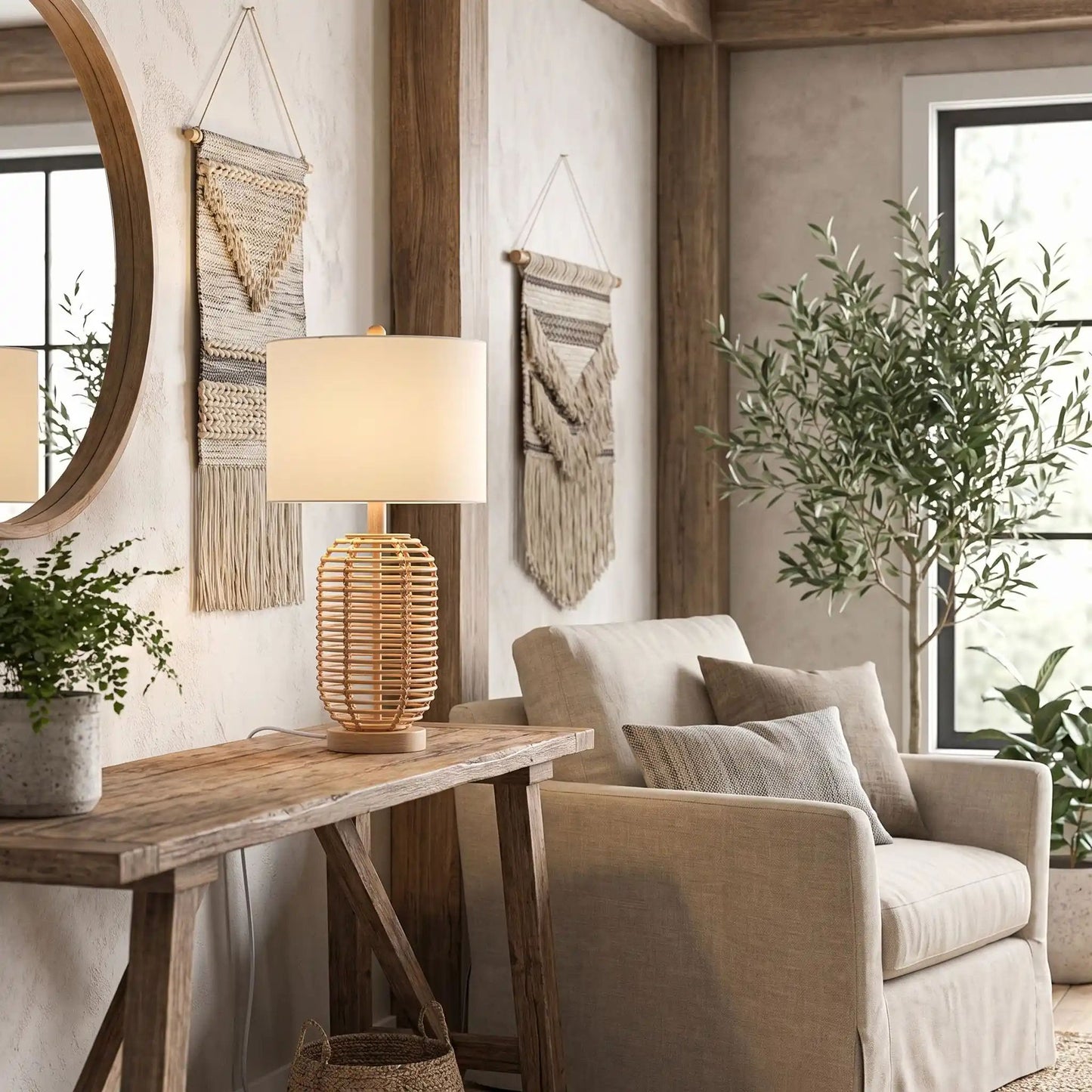 lampe à poser sejour avec fauteuil boheme chic rotin naturel