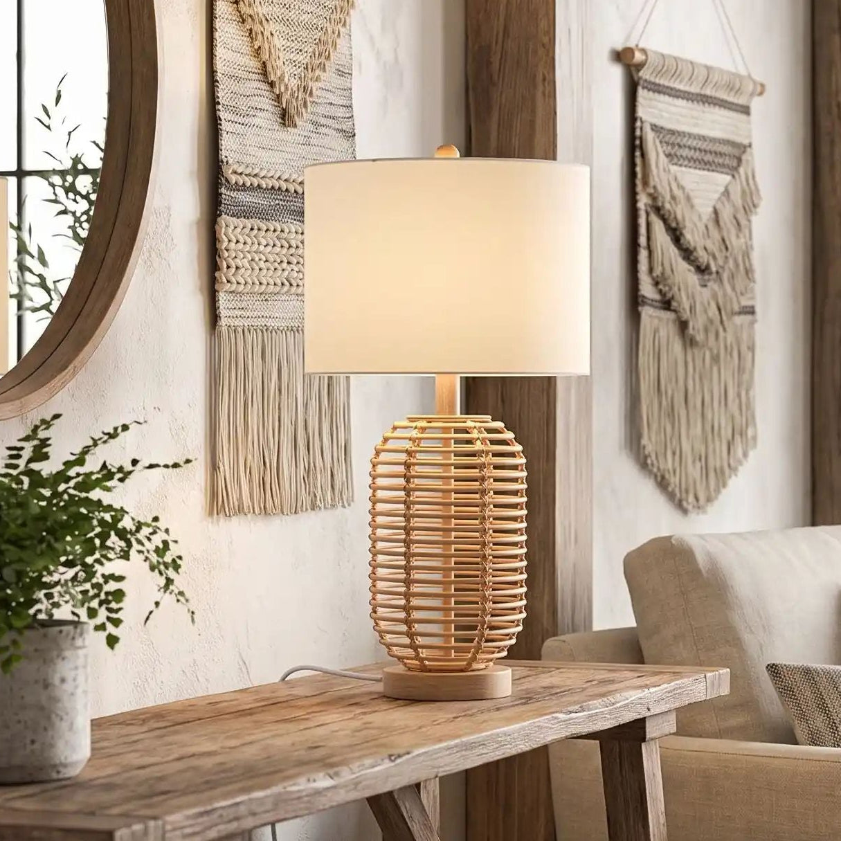 lampe à poser sejour avec fauteuil vu rapproche boheme chic rotin naturel