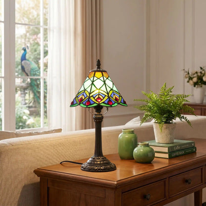 lampe a poser sejour avec fenetre tiffany vert motif geometrique queue de paon