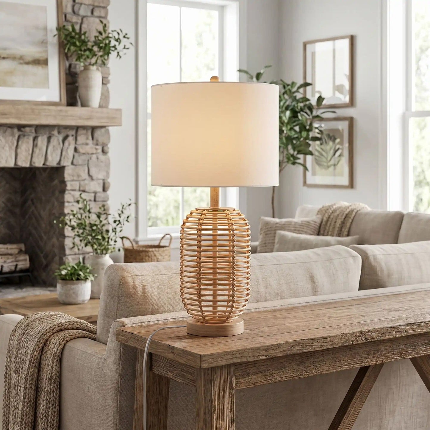 lampe à poser sejour avec foyer boheme chic rotin naturel
