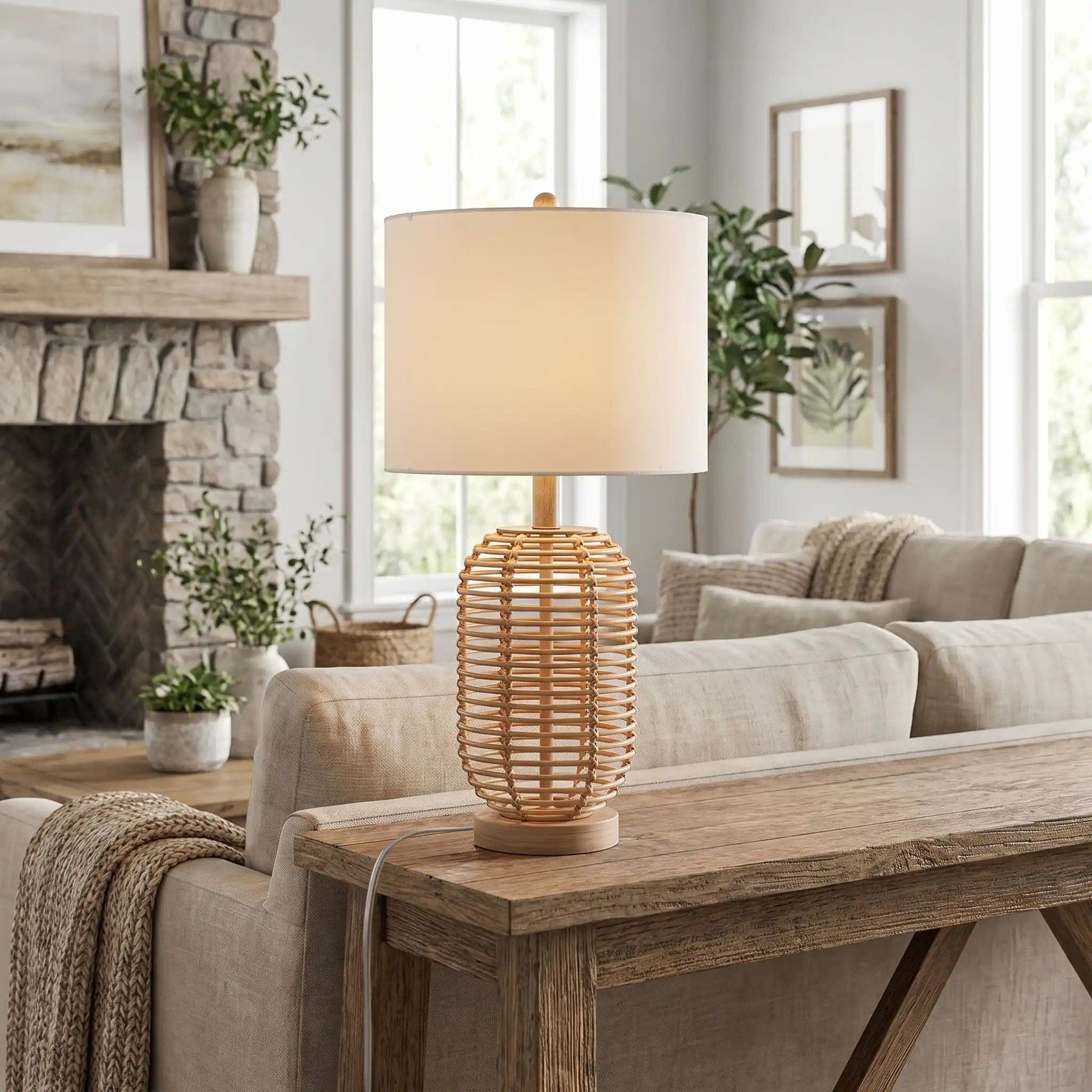 lampe à poser sejour avec foyer boheme chic rotin naturel