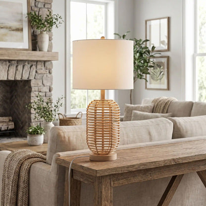 lampe à poser sejour avec foyer boheme chic rotin naturel