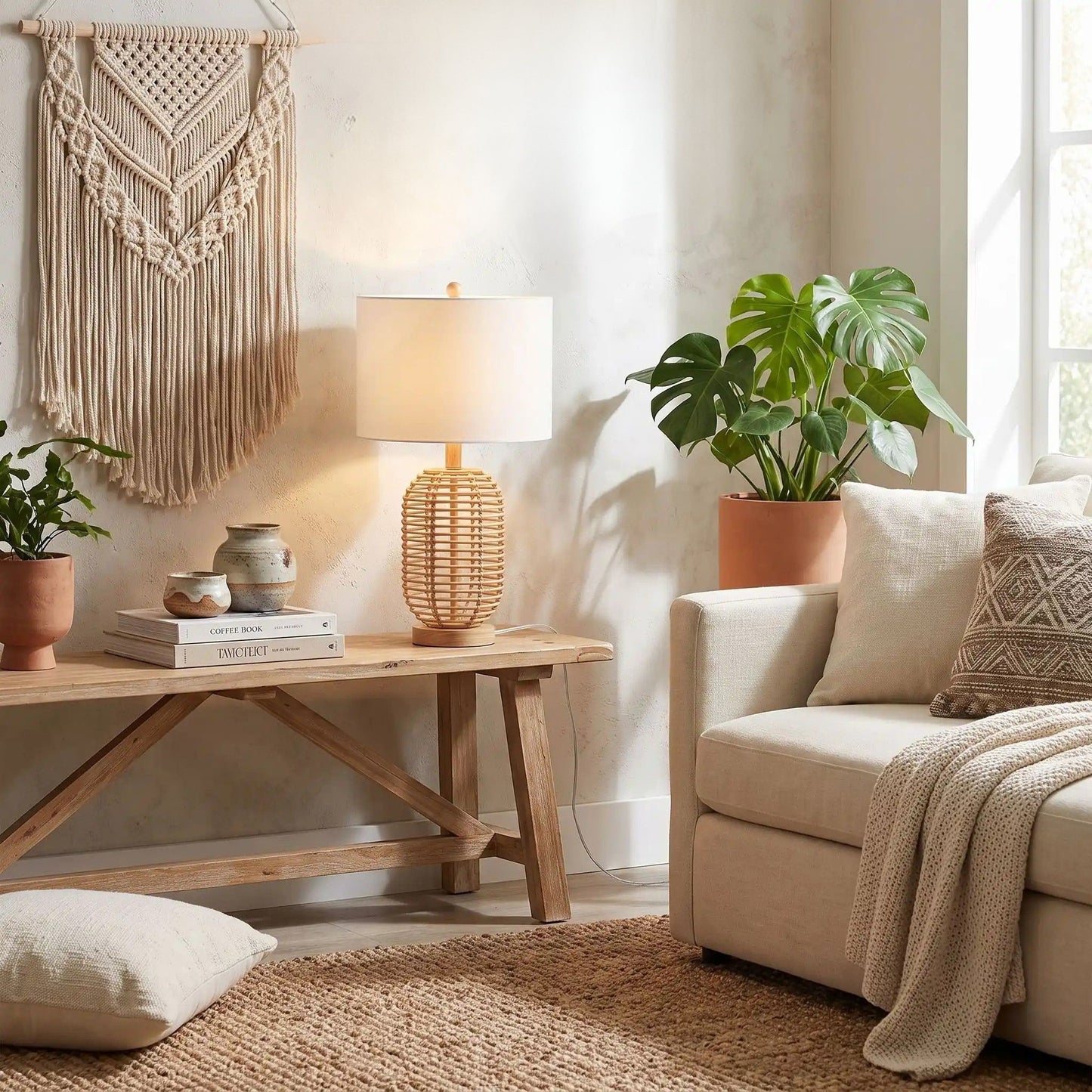 lampe à poser sejour avec plante boheme chic rotin naturel