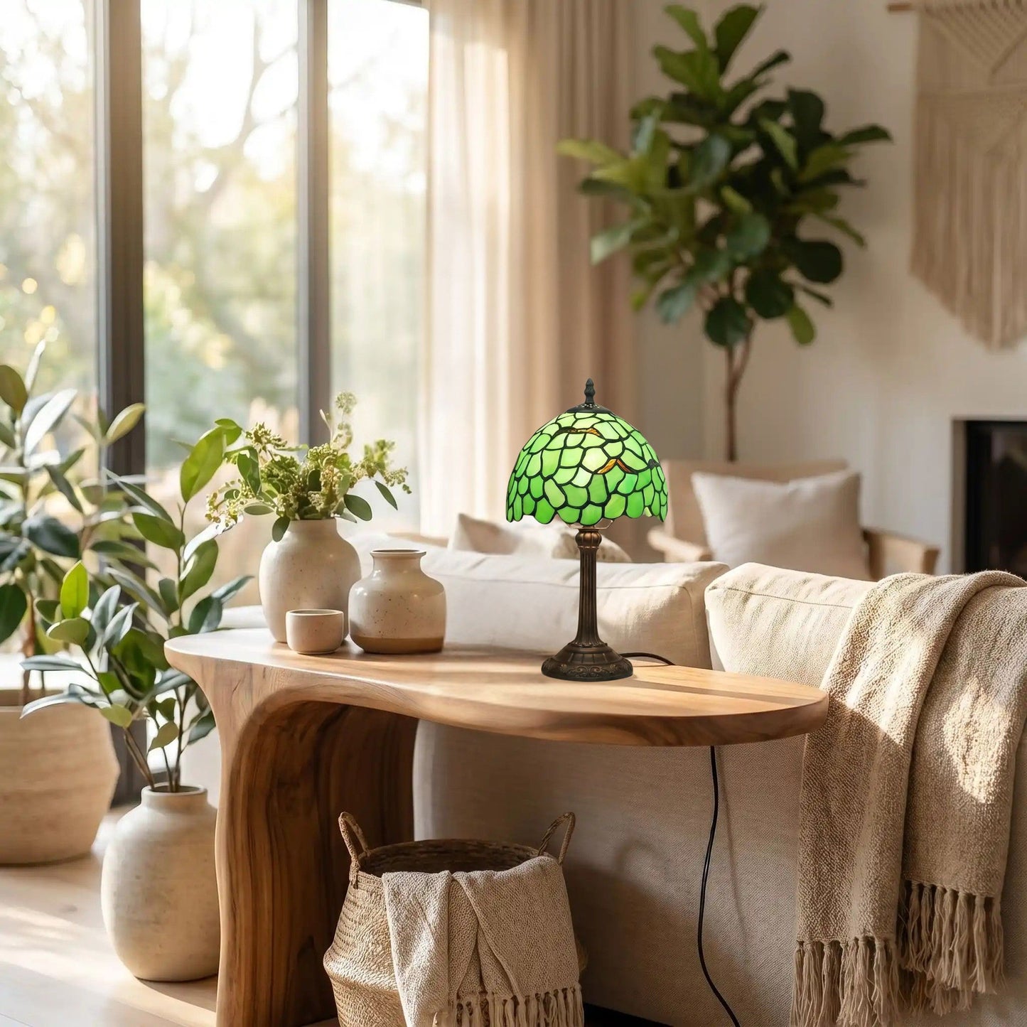lampe a poser sejour organique tiffany vert motif feuilles