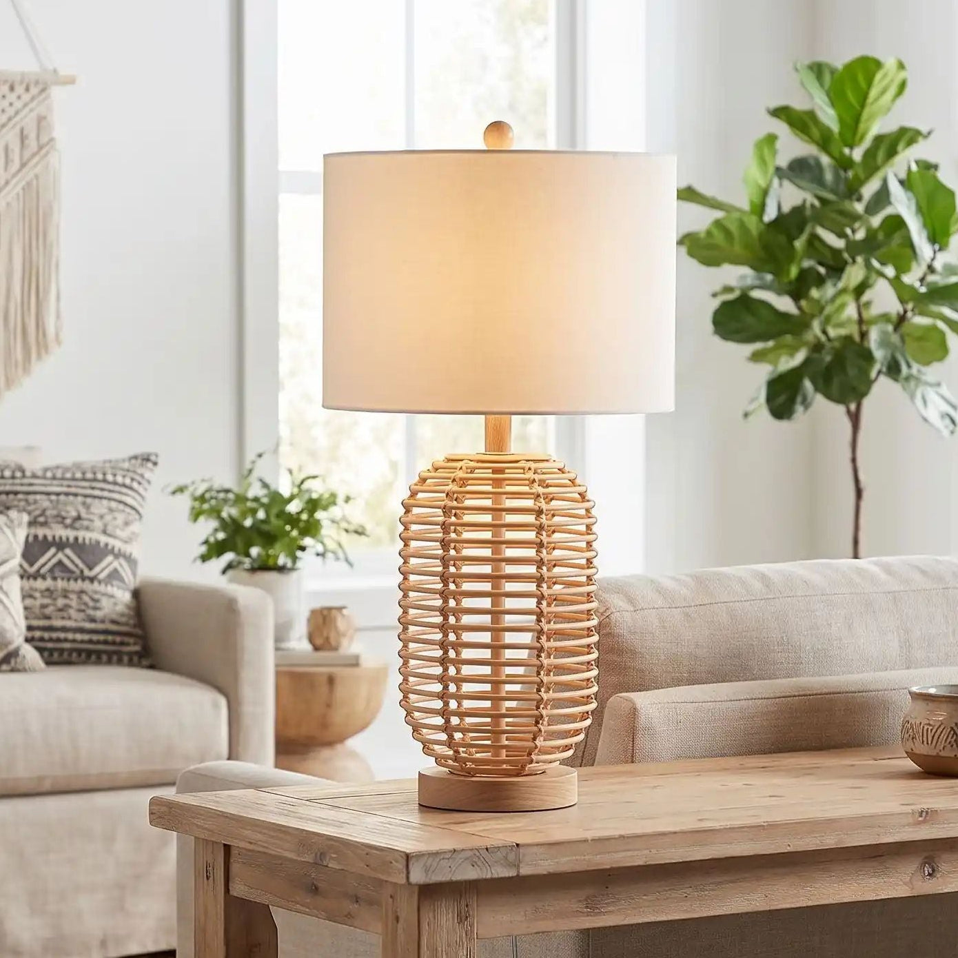 lampe à poser sejour vu rapproche boheme chic rotin naturel
