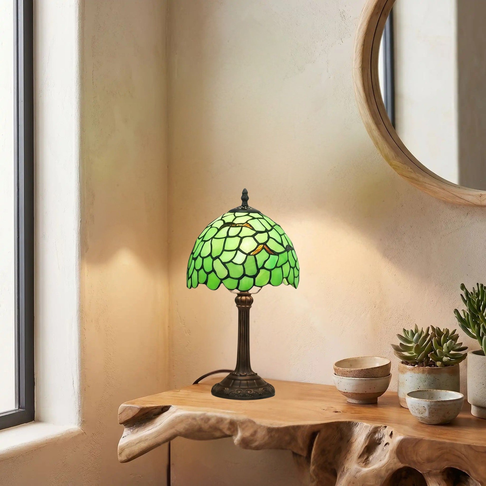 lampe a poser table organique avec miroir tiffany vert motif feuilles