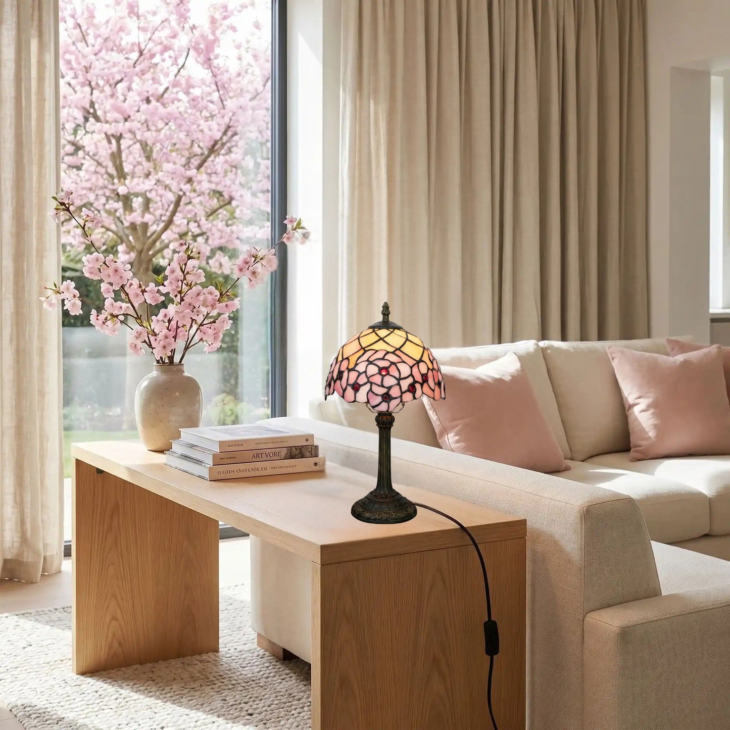 lampe a poser table sejour tiffany rose cerisier