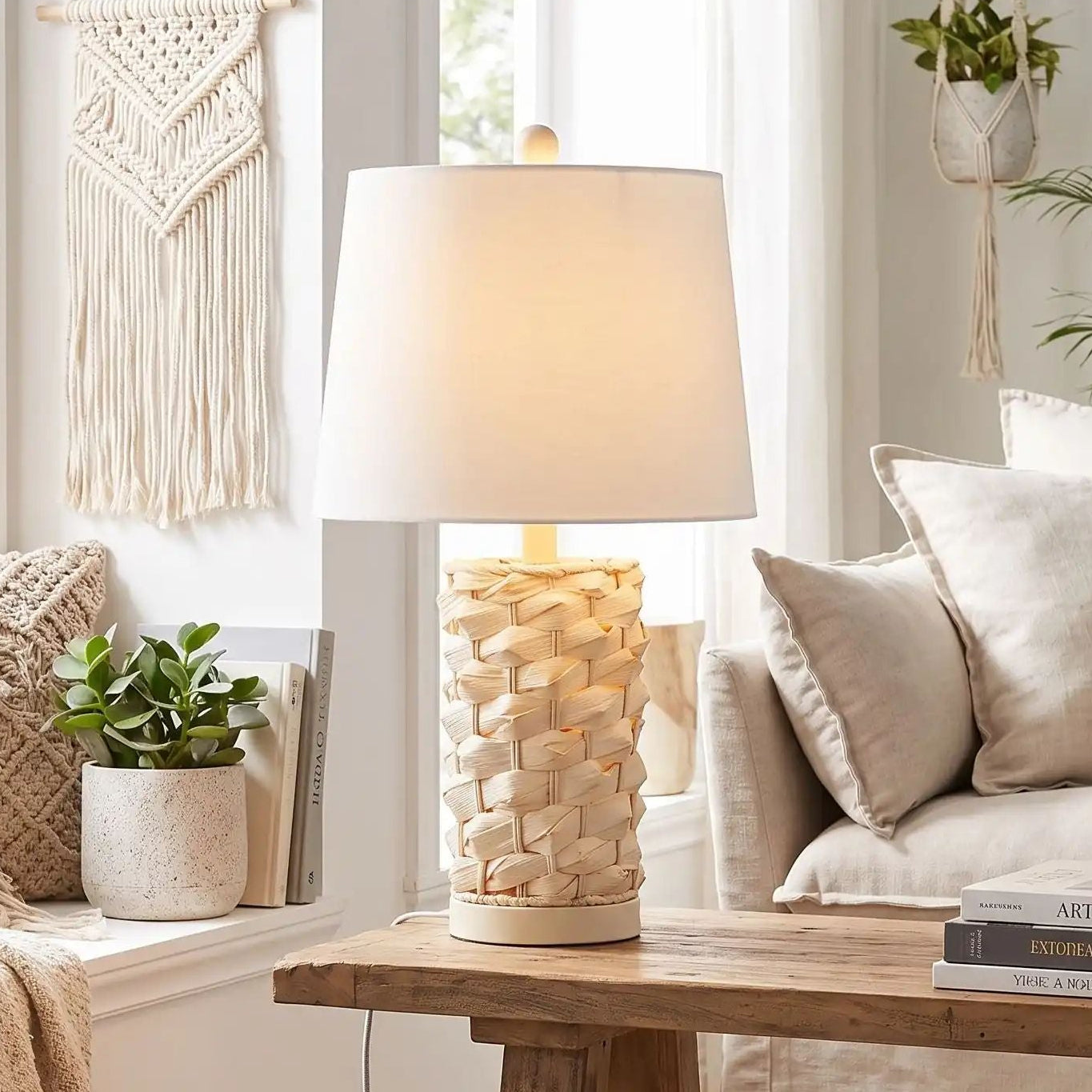lampe à poser table sejour vu rapproche coastal rotin naturel