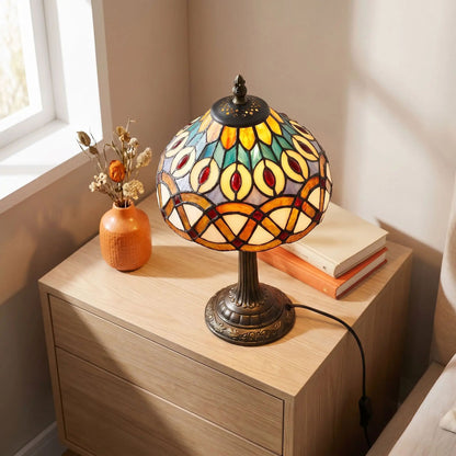 lampe a poser vu dessus tiffany motifs geometriques et floraux colores