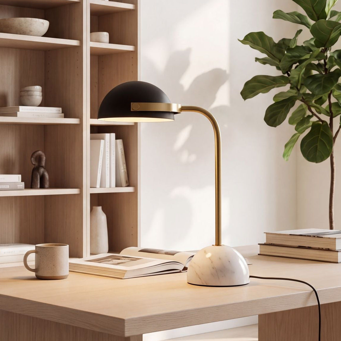 lampe bureau avec bibliotheque vu rapproche marbre dore