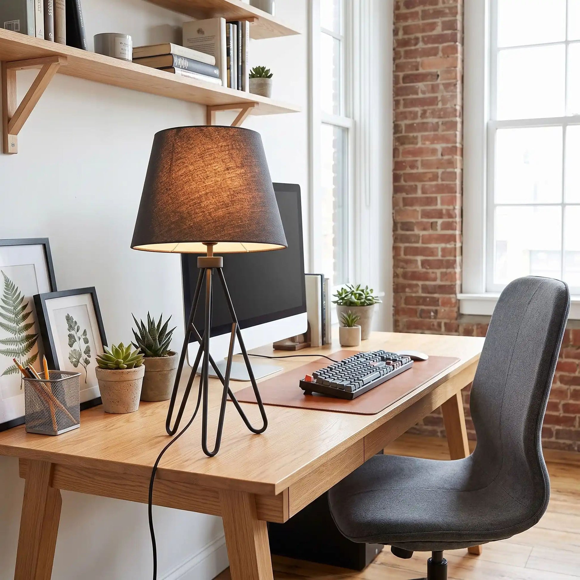 lampe bureau avec mur brique industriel et elegance scandinave