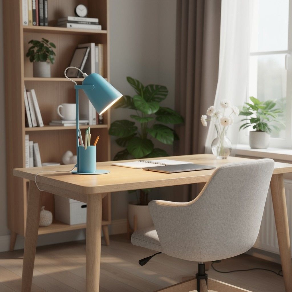 lampe bureau bleu avec plante multifonction organisateur
