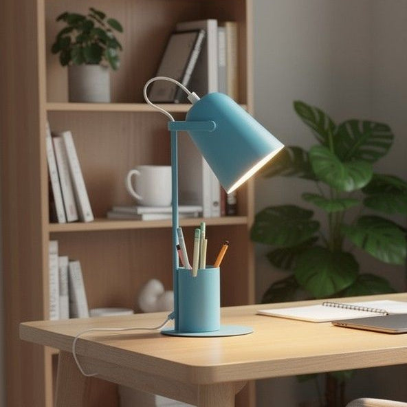 lampe bureau bleu avec plante vu rapproche multifonction organisateur