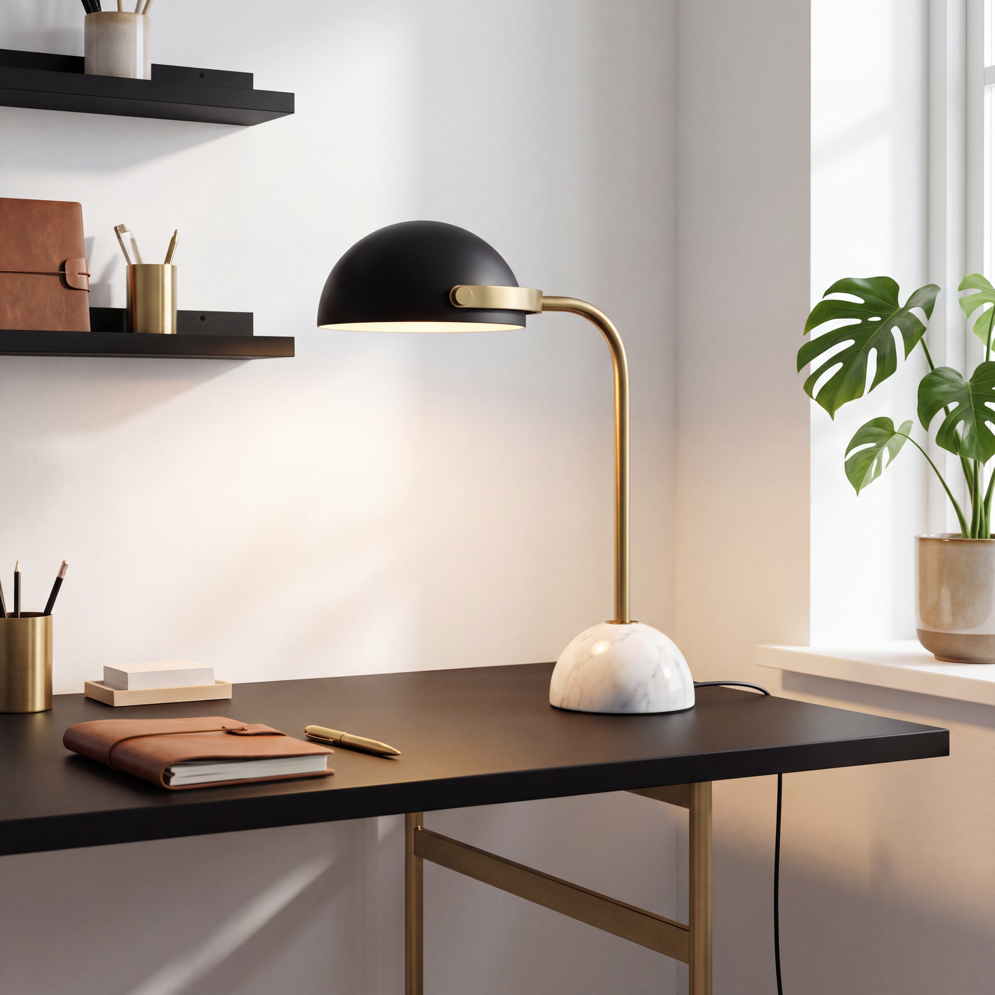 lampe bureau sur bureau noir marbre dore