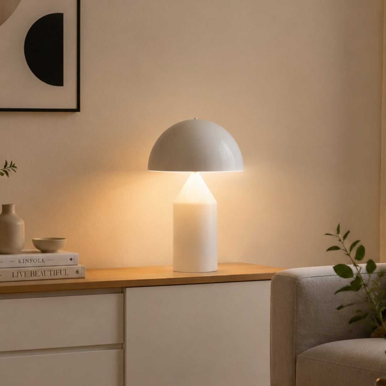 lampe champignon blanche sur console vu rapproche design iconique italien