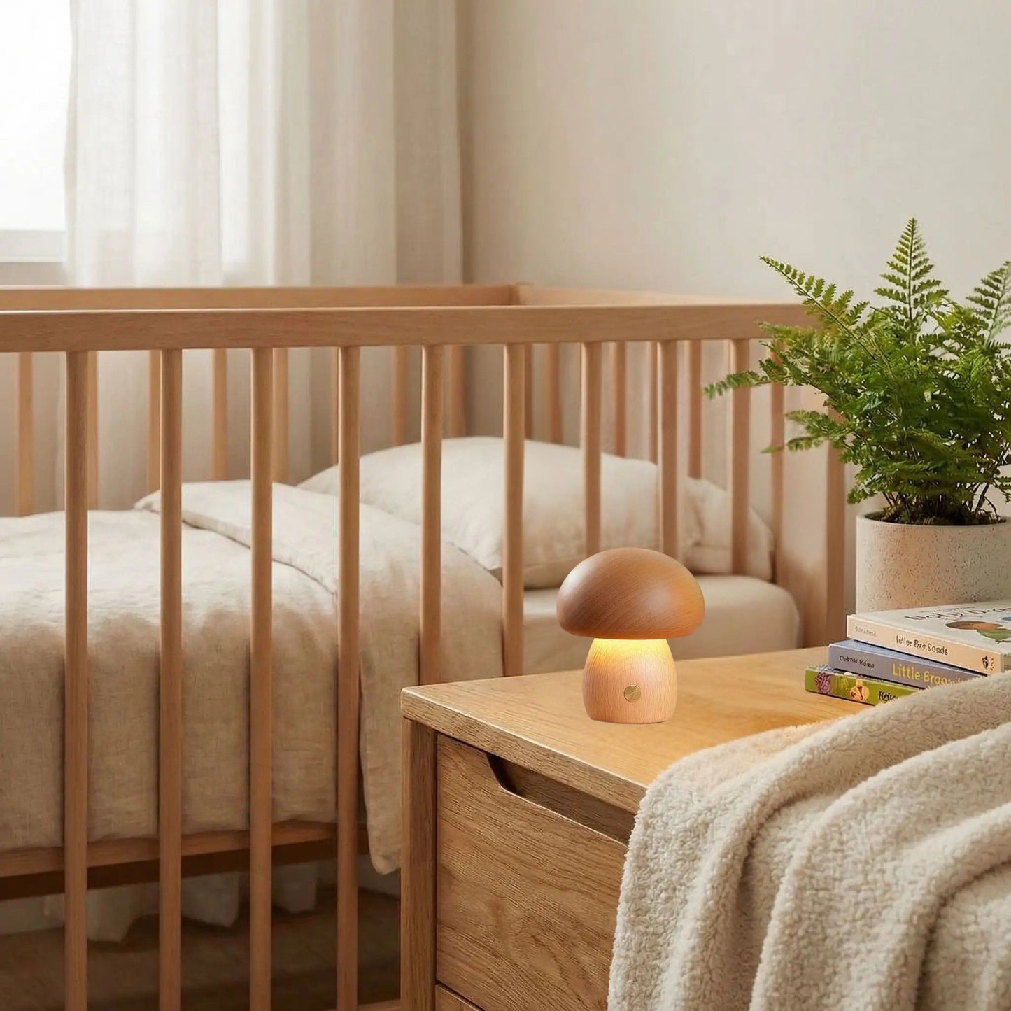 lampe champignon bois hetre court berceau bebe petite tactile bois