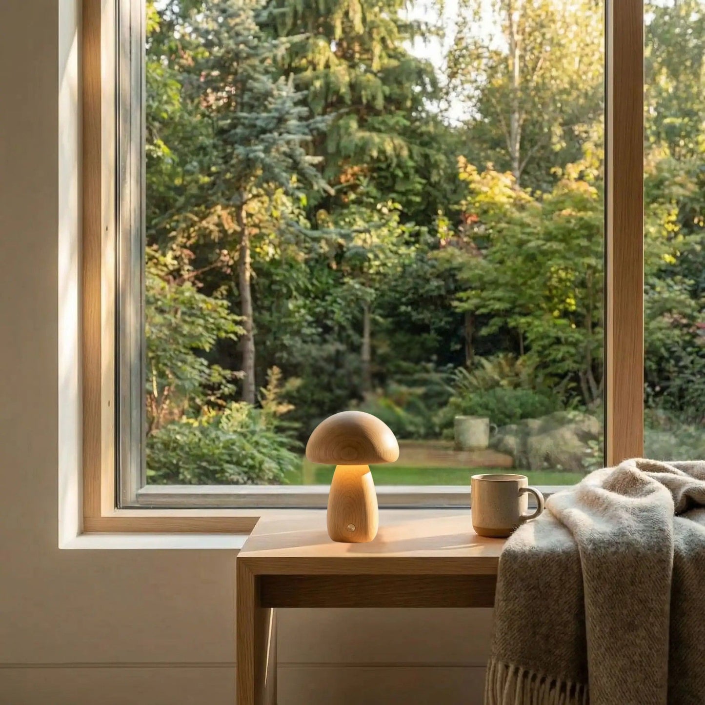 lampe champignon bois hetre long devant fenetre petite tactile bois