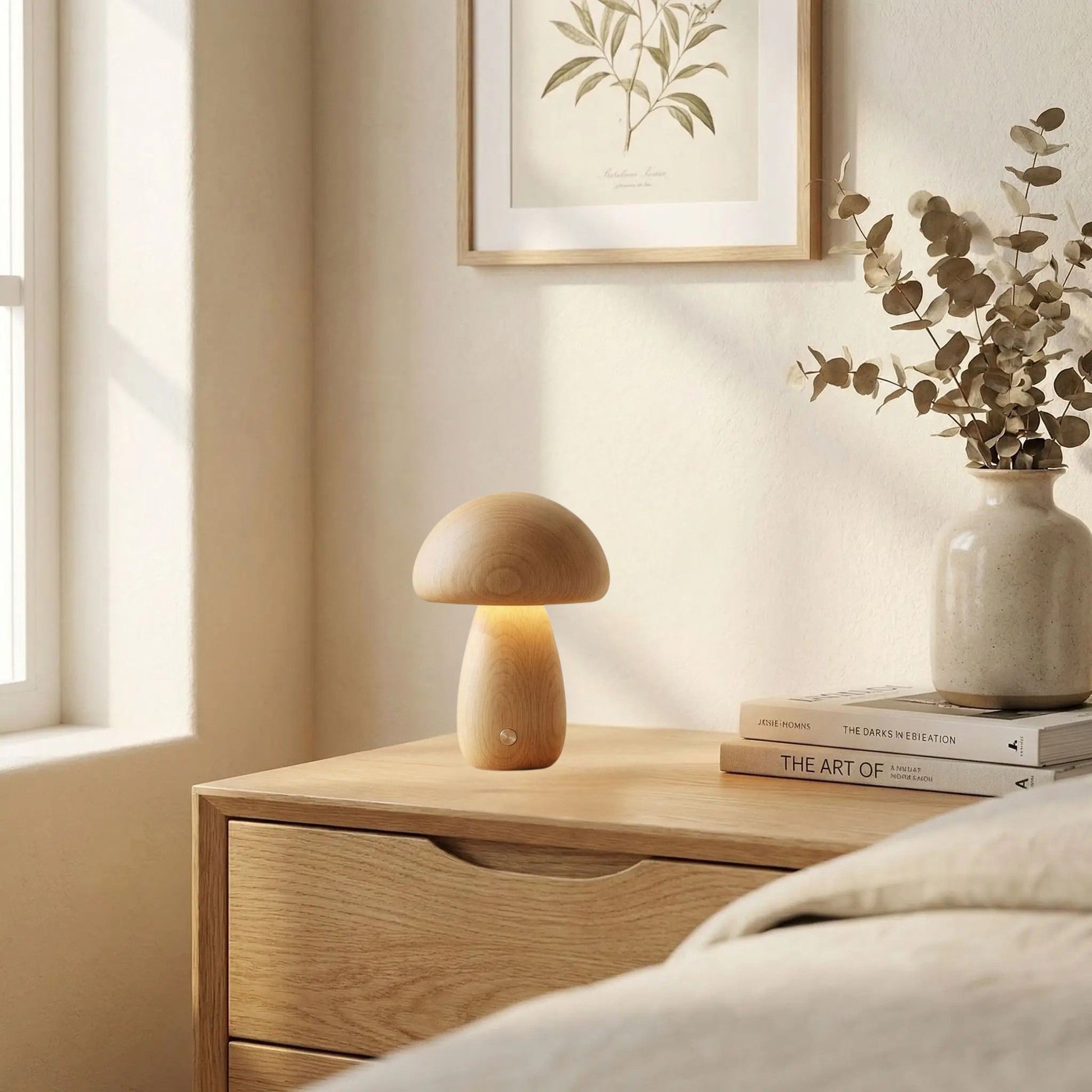 lampe champignon bois hetre long sur table chevet petite tactile bois