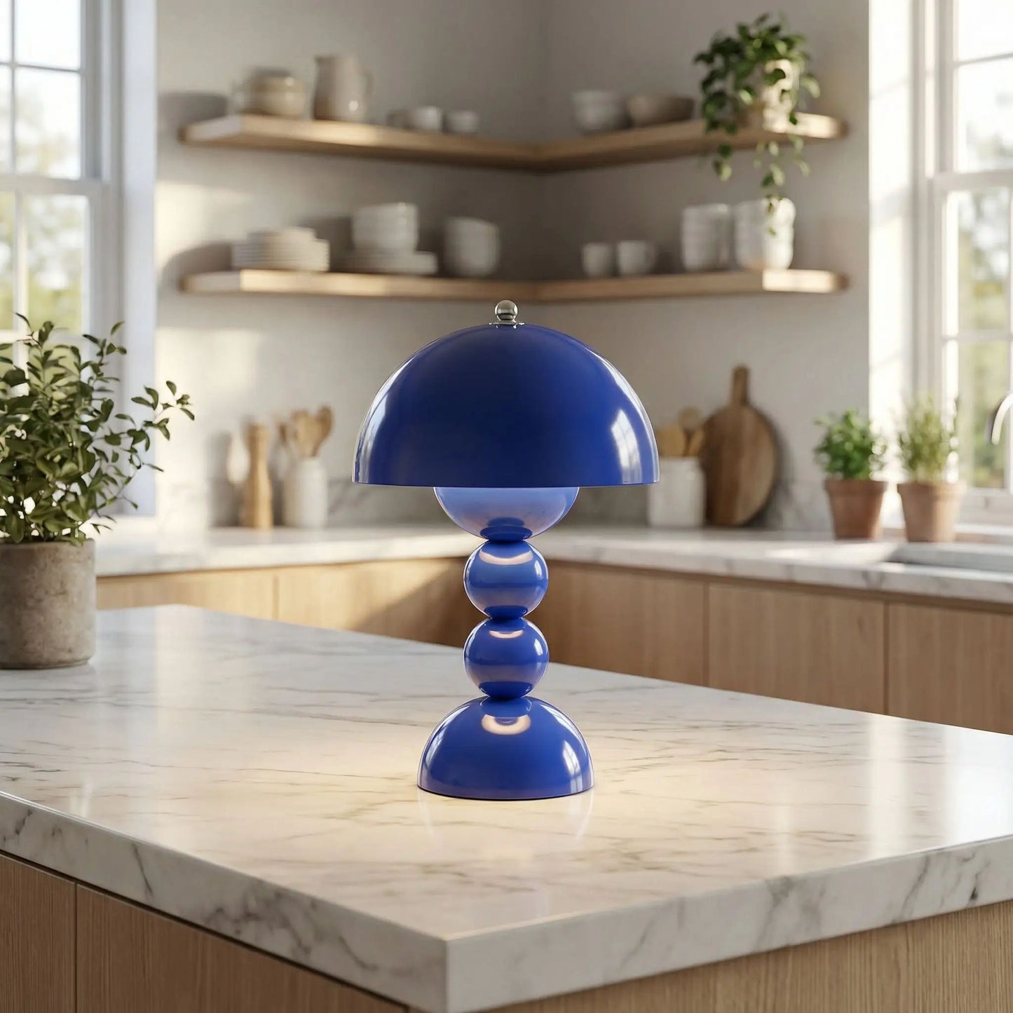 lampe champignon couleur bleu sur comptoir artistique rechargeable