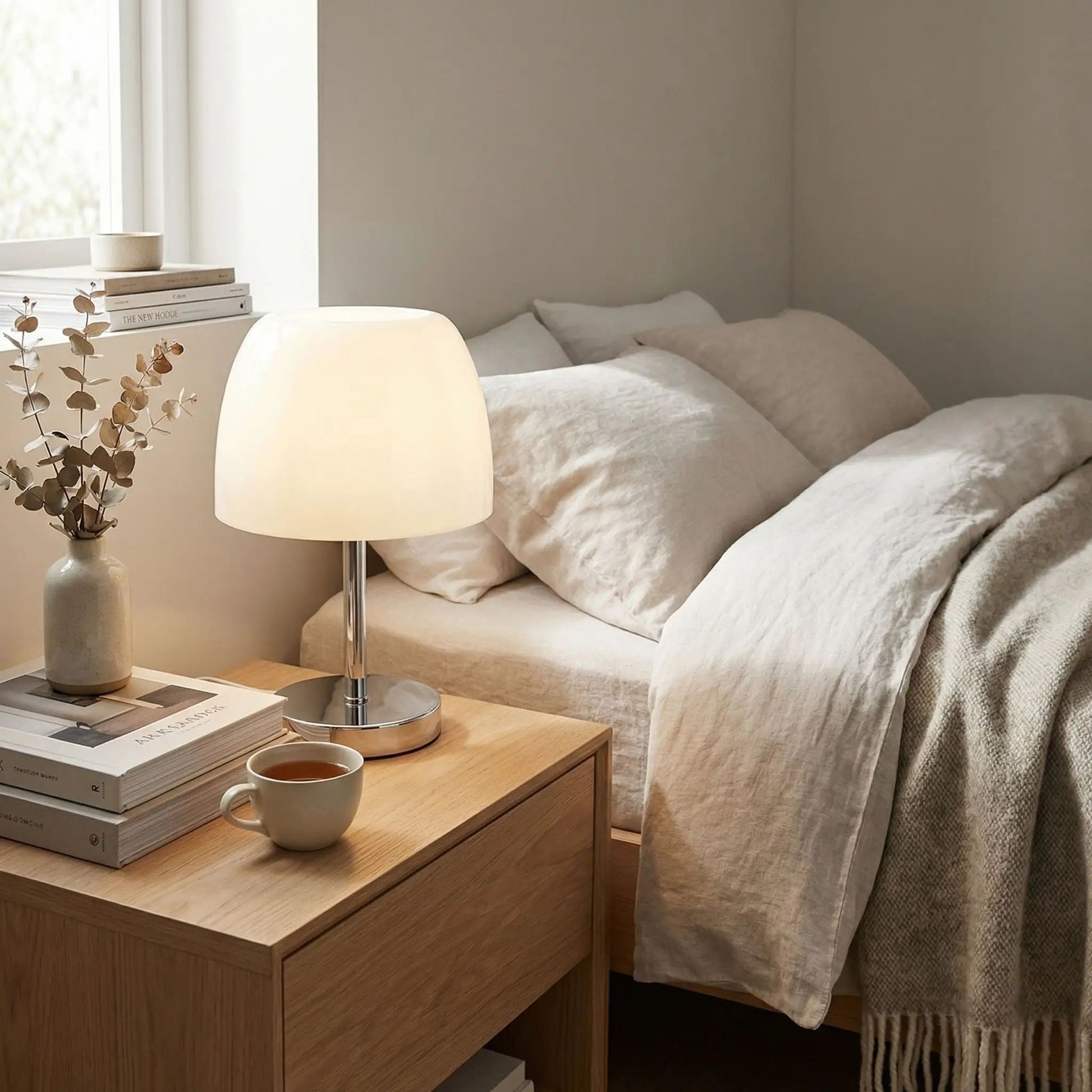 lampe champignon couleur creme table chevet verre confort