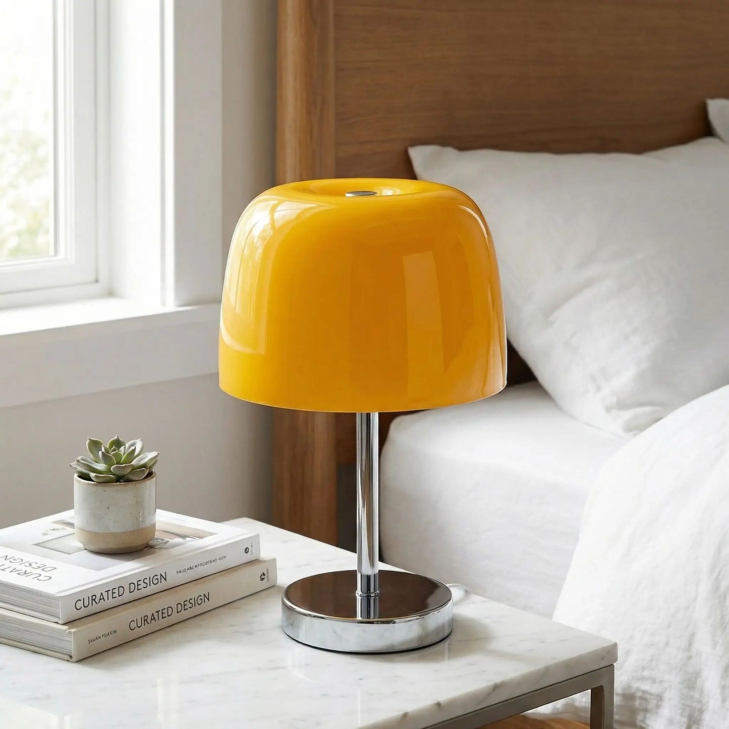 lampe champignon couleur jaune orange table chevet verre confort