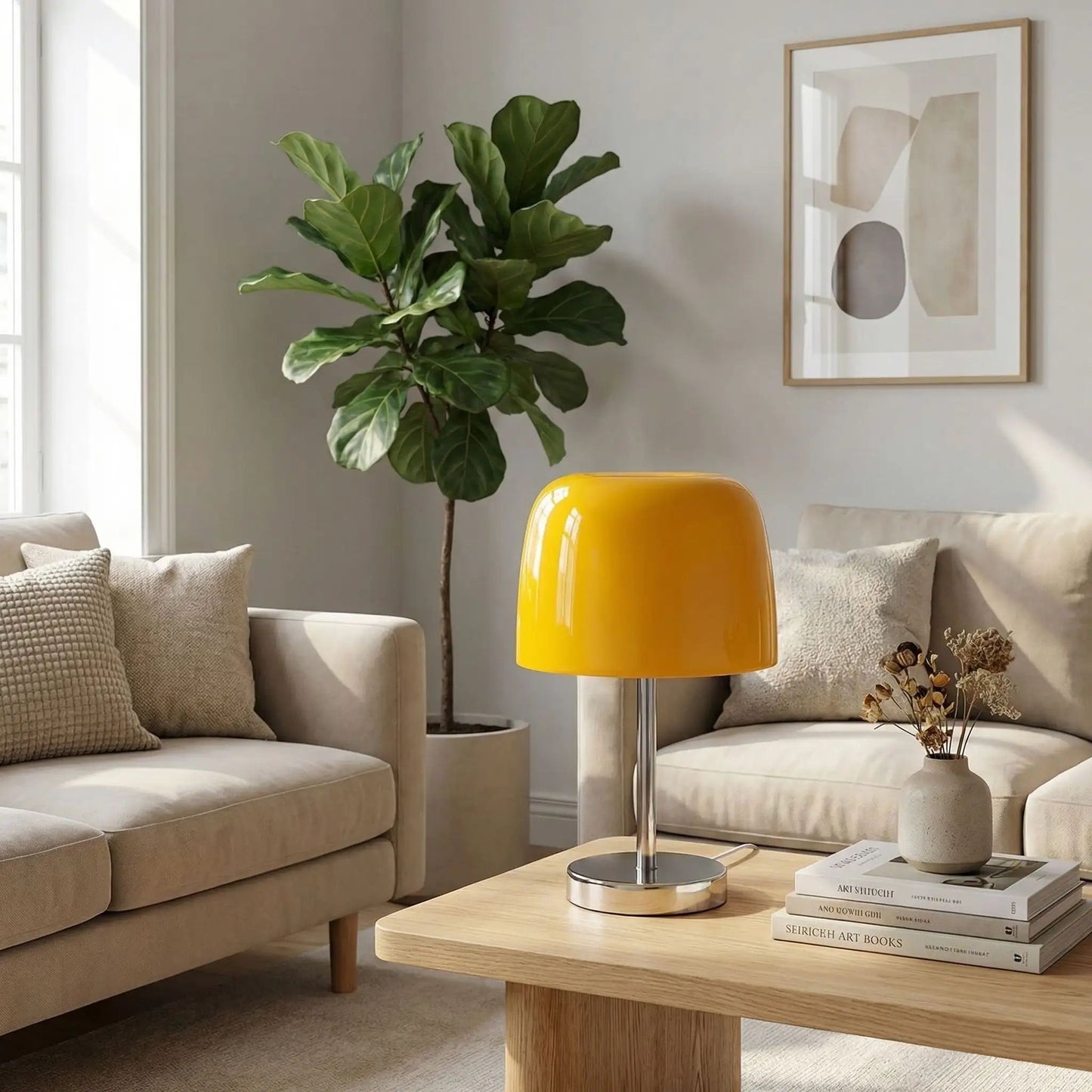 lampe champignon couleur jaune orange table salon verre confort