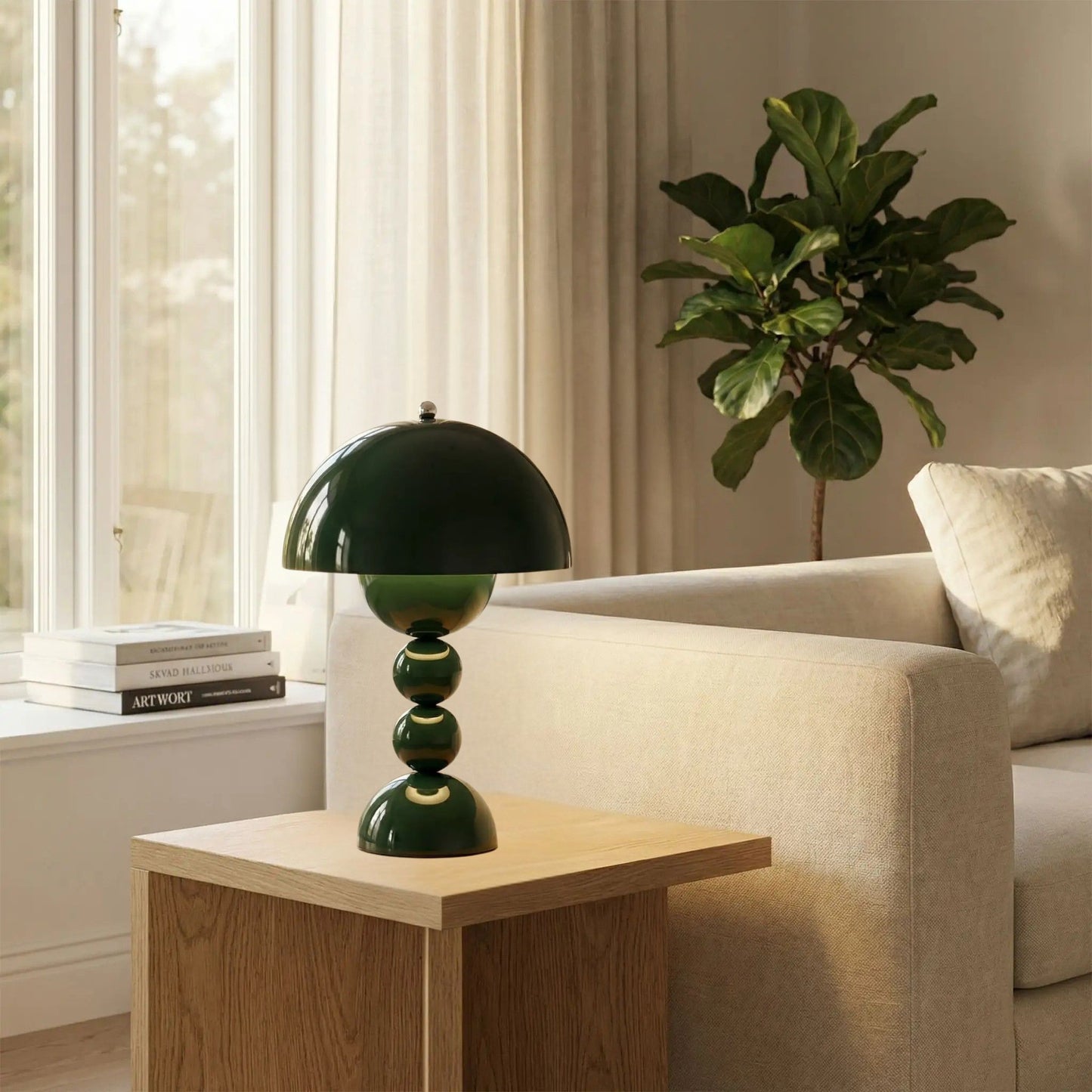 lampe champignon couleur vert fonce table salon artistique rechargeable