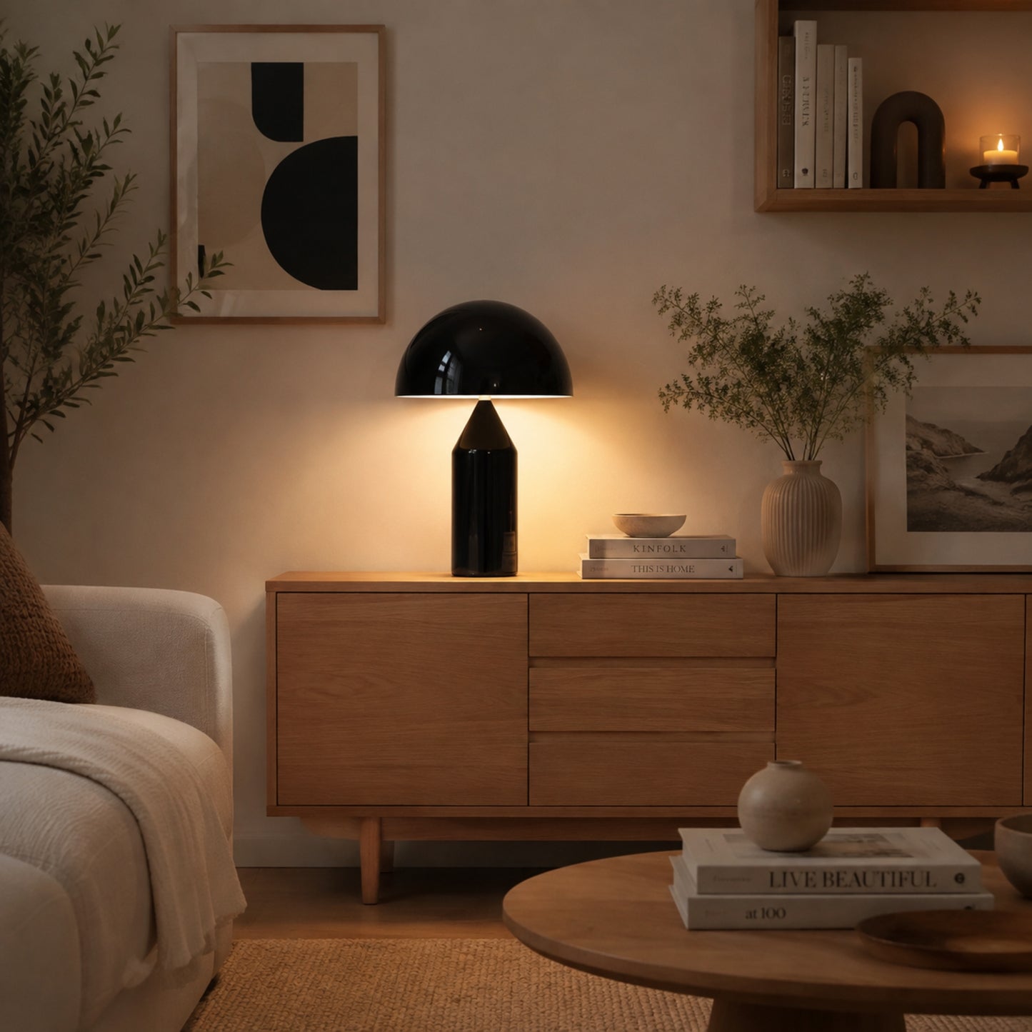 lampe champignon noire avec livres design iconique italien