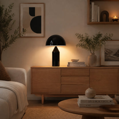 lampe champignon noire avec livres design iconique italien
