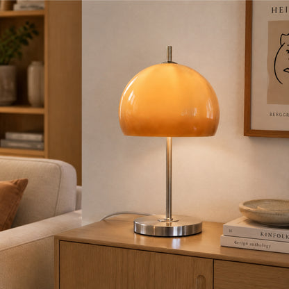 lampe champignon orange avec livres retro 70