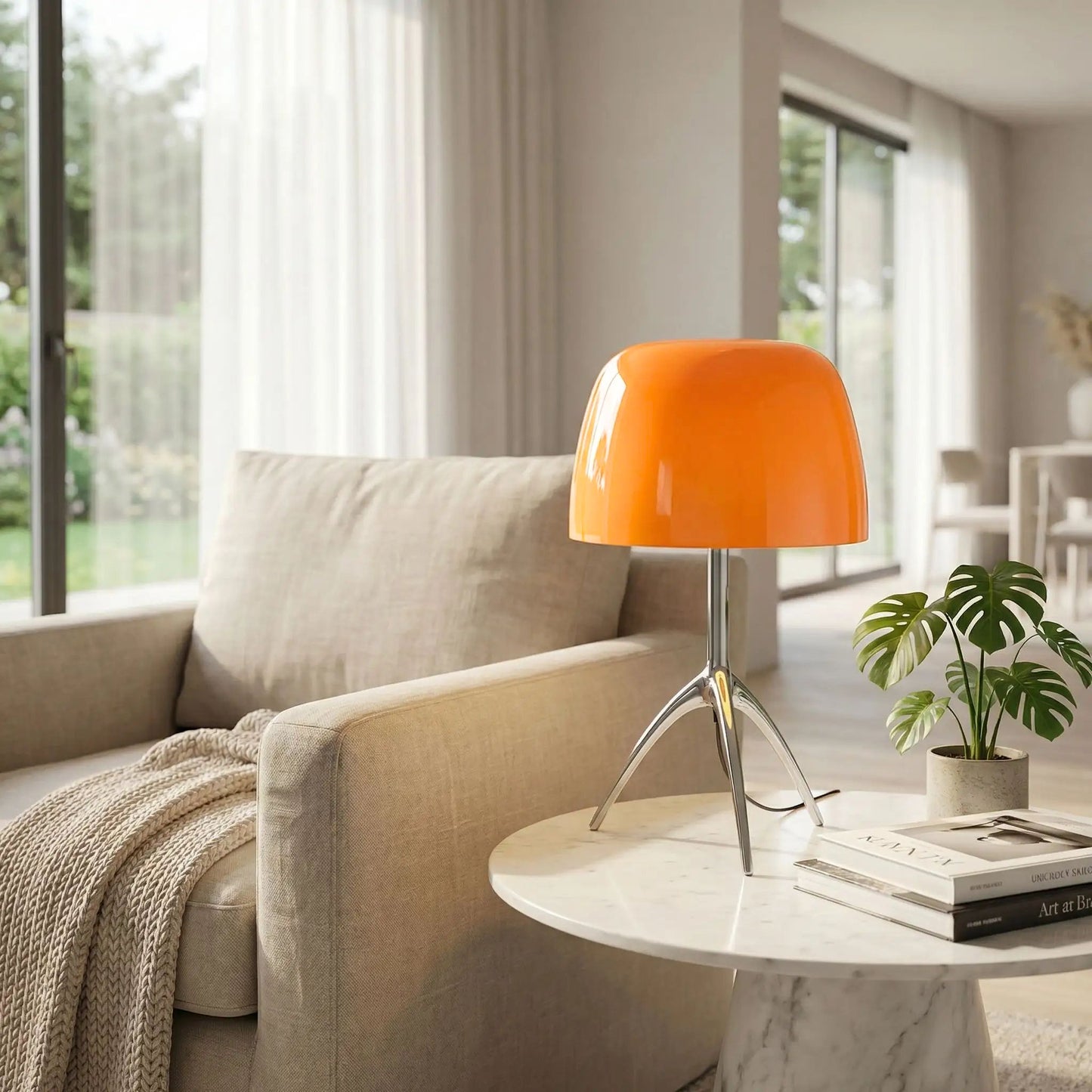 Lampe champignon orange Verre Soufflé orange base chrome table séjour