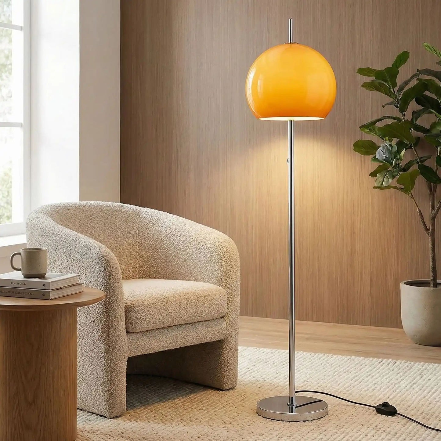 Lampe champignon orange Rétro 70 côté fauteuil vintage.