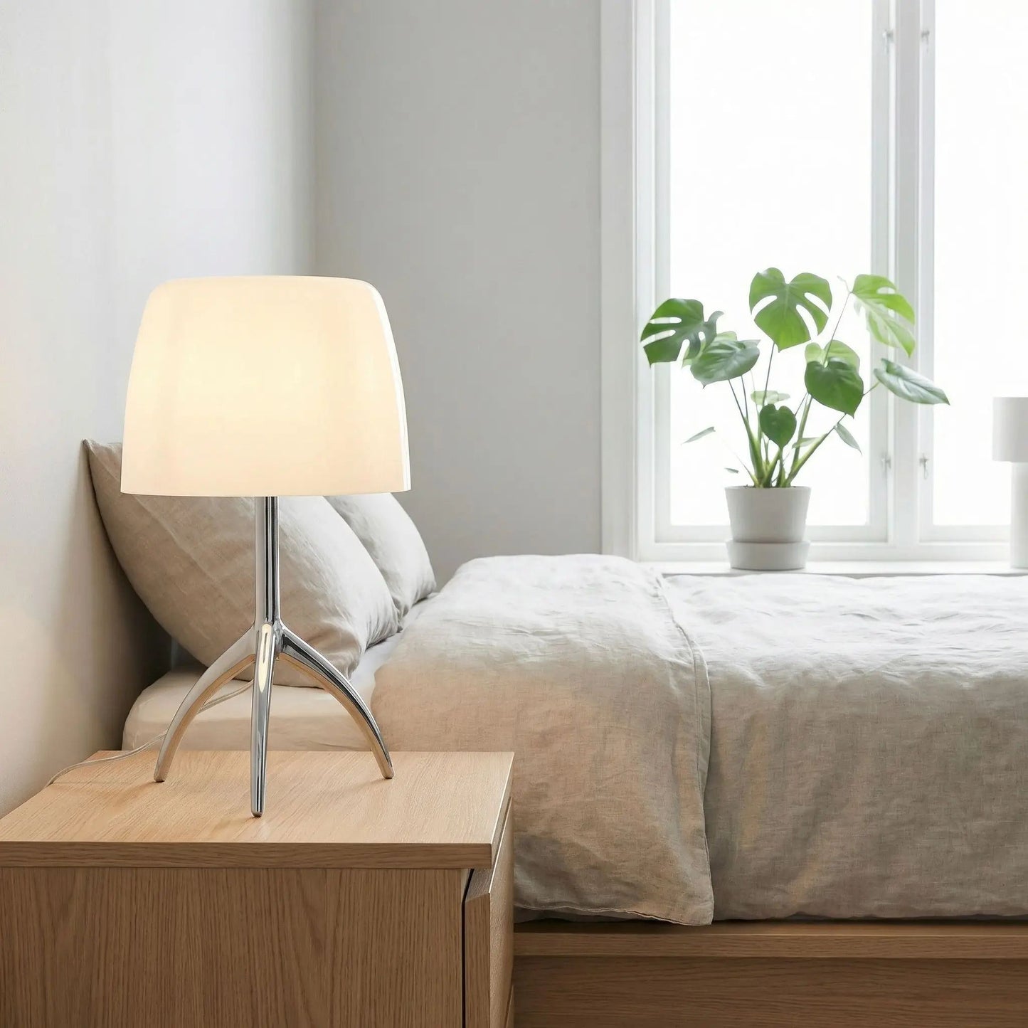 Lampe champignon orange Verre Soufflé beige base chrome table chevet