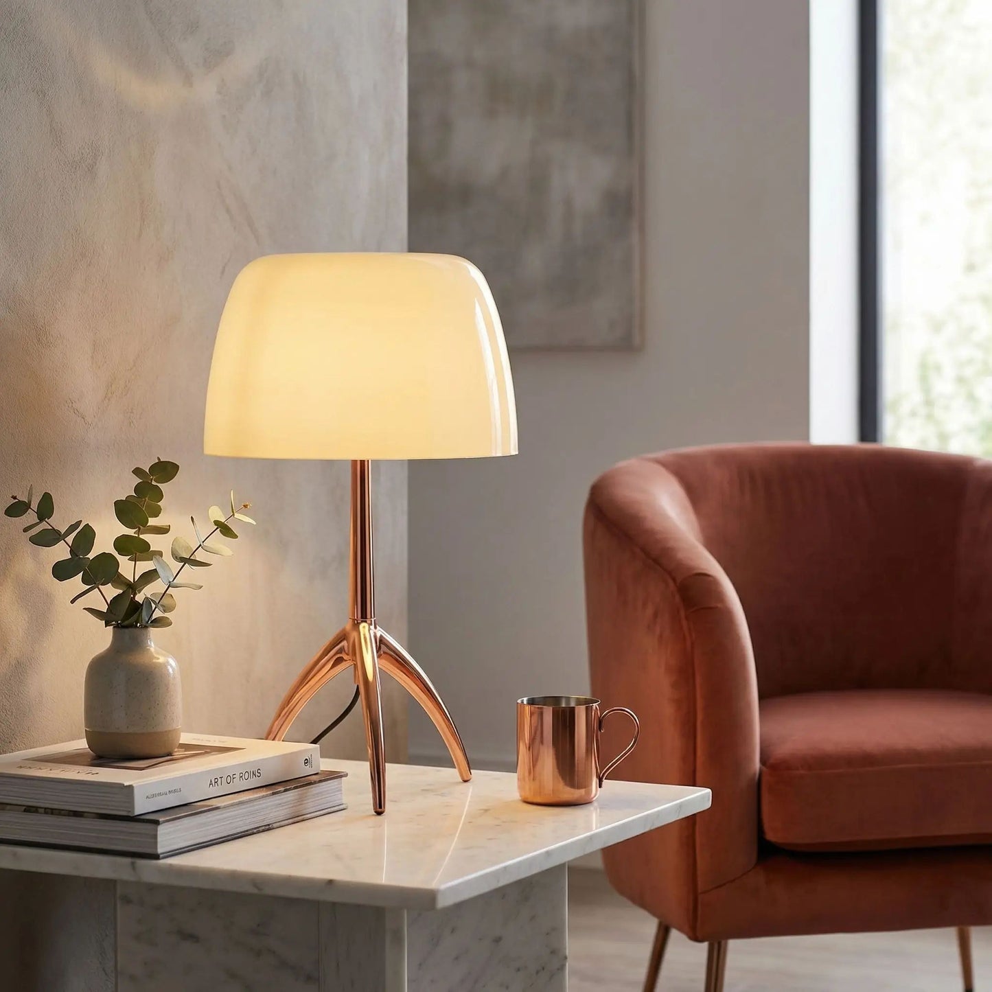 Lampe champignon orange Verre Soufflé beige base cuivre table salon