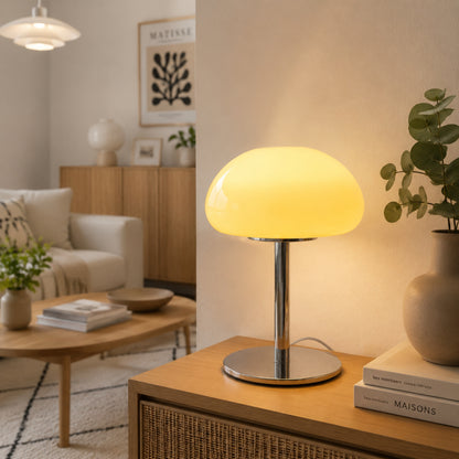 lampe champignon orange couleur creme avec livres space age 70s