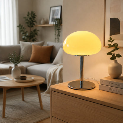 lampe champignon orange couleur creme sur console sejour space age 70s