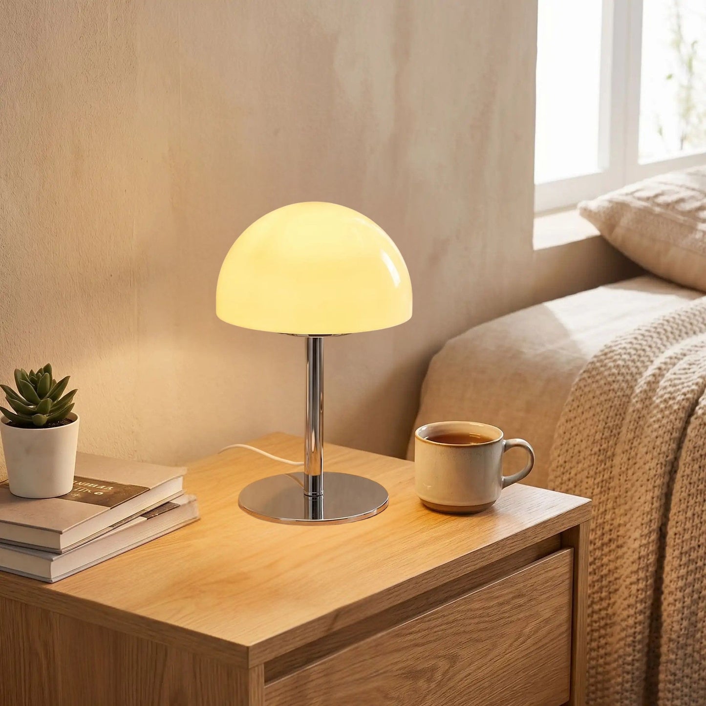 Lampe champignon orange USB style retro crème table chevet cosy vintage