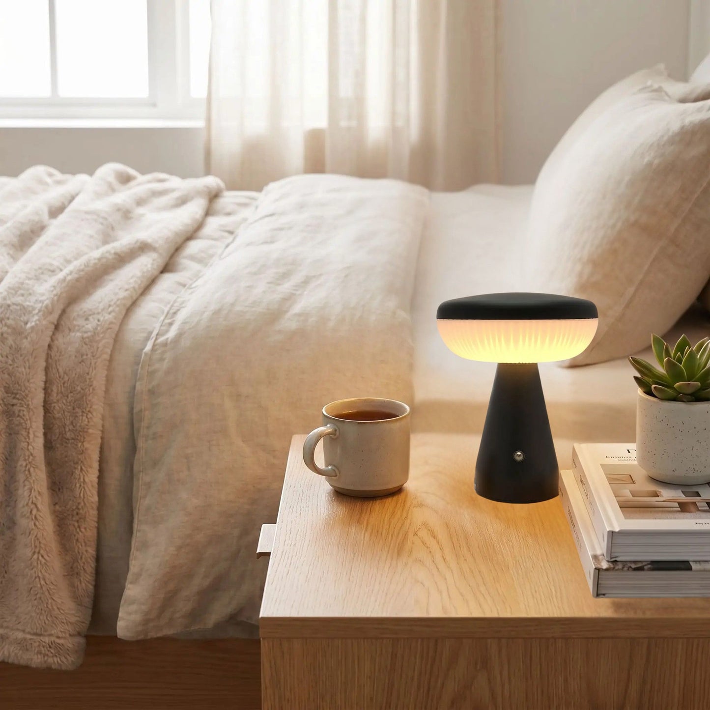Lampe champignon sans fil Rechargeable 3 ambiances noire, petit format pour côté lit. Existe aussi en lampe champignon orange Petite Sans Fil.
