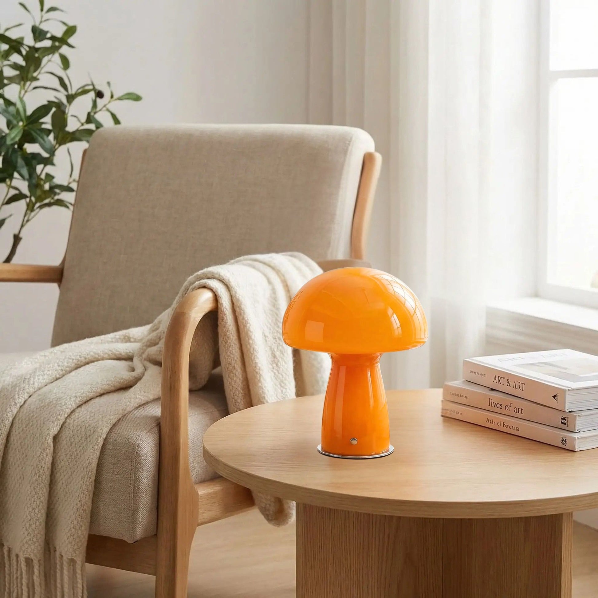 Lampe champignon orange Vintage 70 côté fauteuil orange rétro