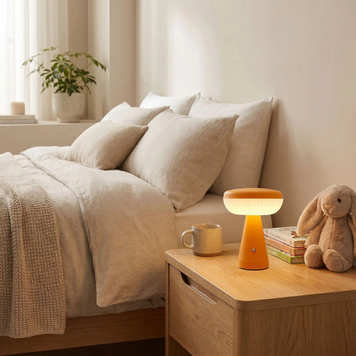 Lampe champignon sans fil Rechargeable 3 ambiances orange, petit format pour table de chevet. Existe aussi en version lampe champignon orange Petite Sans Fil.