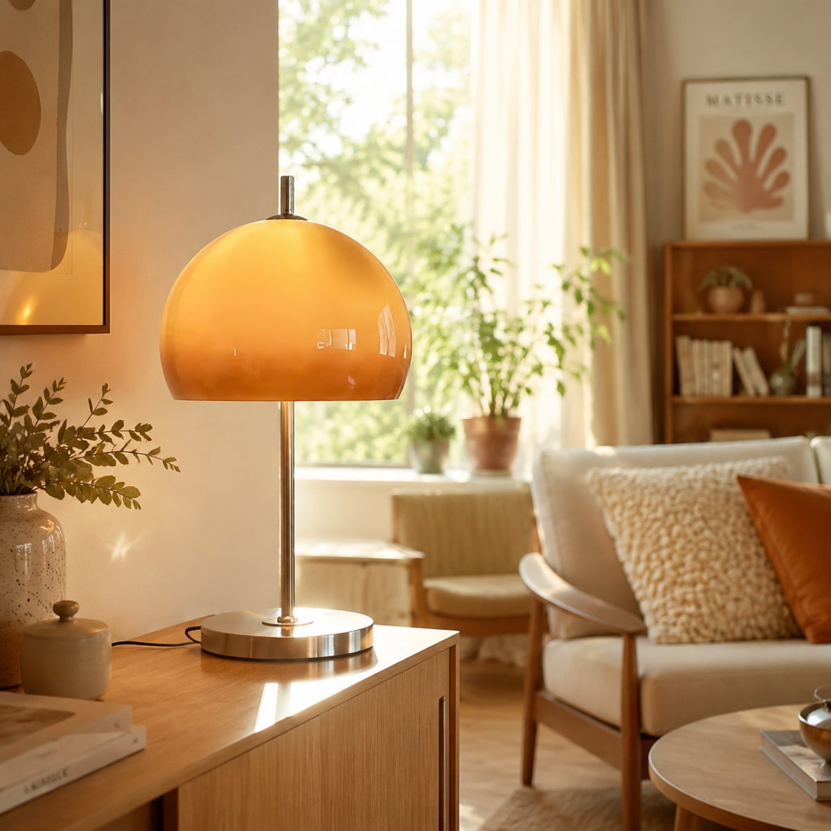 lampe champignon orange dans sejour retro 70