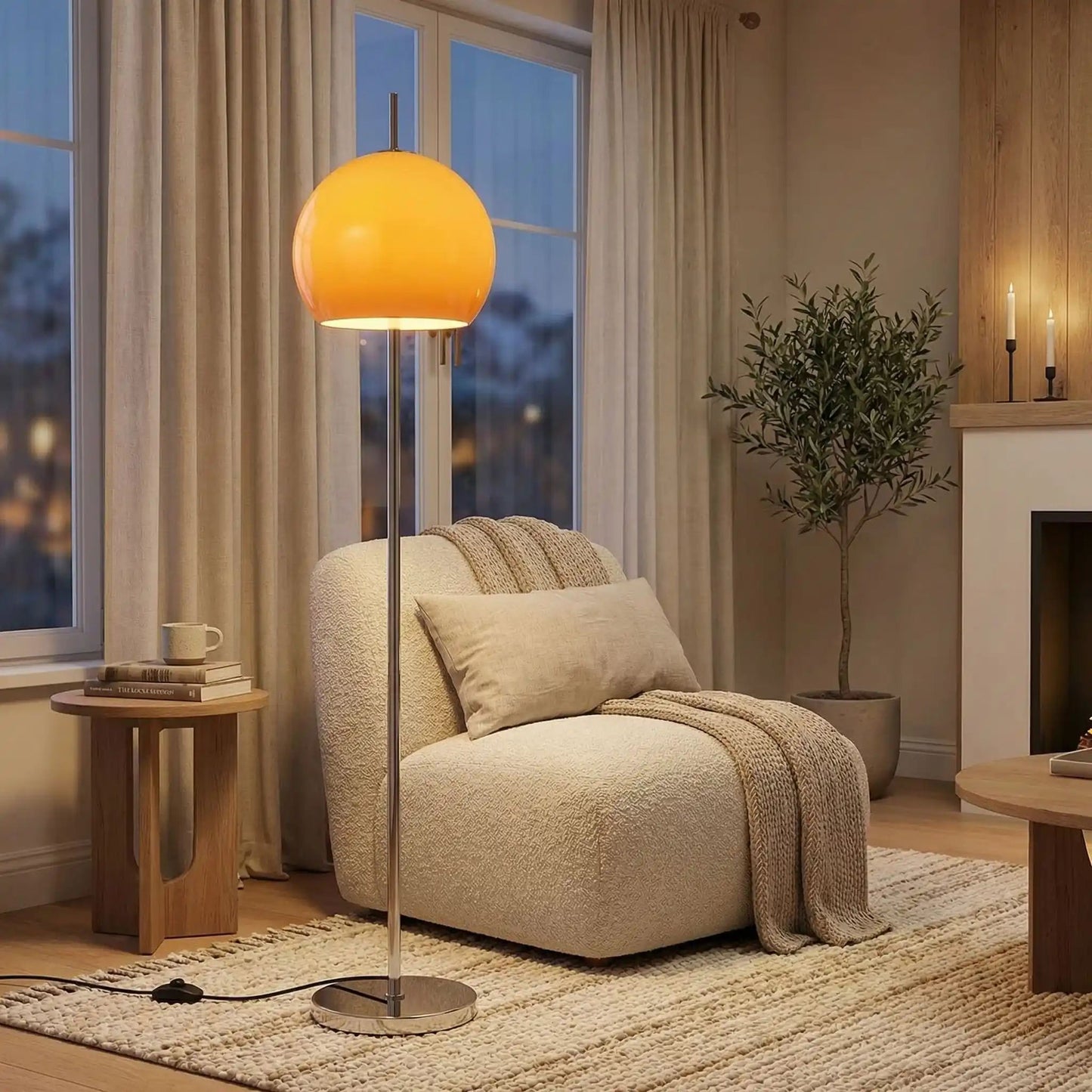 Lampe champignon orange Rétro 70 séjour interrupteur au sol vintage.
